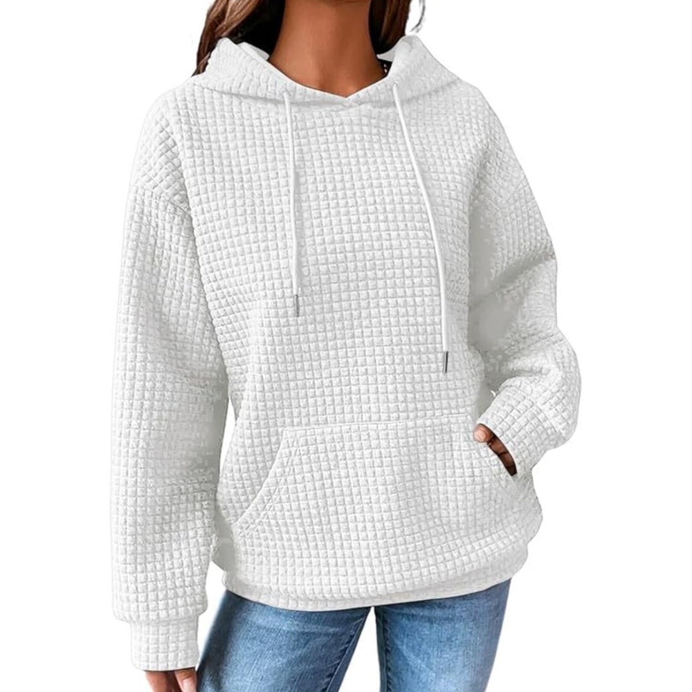 Women's White Waffle-Knit Hoodie kangaroo pocket Cozy Size XL